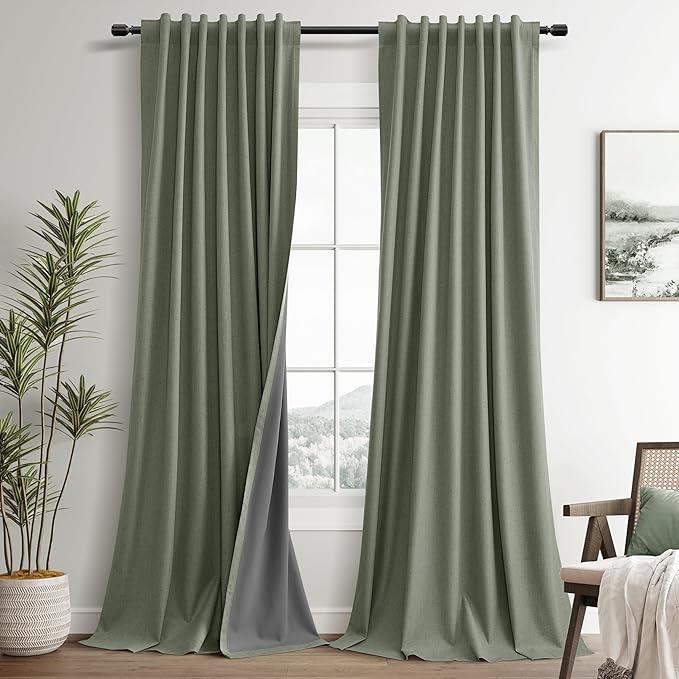 Sage Green Linen 100% Blackout Curtains 90 Inches Long for Bedroom Back Tab Elegant Country Farmhouse Black Out Room Darkening Thermal Insulated Soundproof Drapes Living Room Office 2 Panels Set 52x90