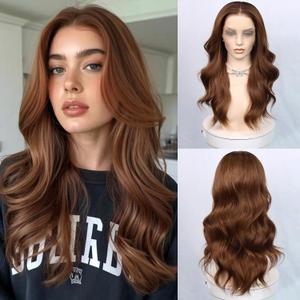 26inch Synthetic Lace Front Wig Glueless Pre-Plucked Wig for Women Long Wavy Copper Brown 180% Density Natural Hairline Heat Resistant Wig for Everyday Wear