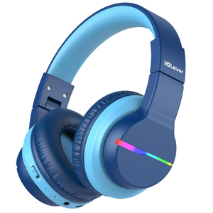 iClever BTH12 Kids Bluetooth Headphones,Colorful LED Lights Kids Headphones Wireless,74/85dBA Safe Volume,85H Playtime,Fast Charging,Bluetooth 5.2,Over Ear,Built-in Mic for iPad/Tablet/Airplane,Blue