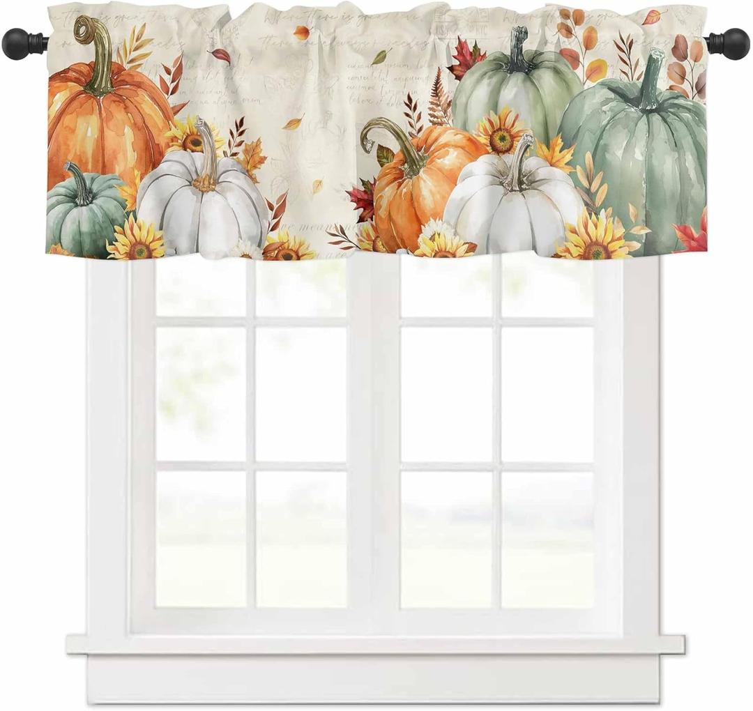 Fall Orange White Pumpkin Valances for Windows 54" W x 18" L Sunflower Sage Green Leaf Thanksgiving Rod Pocket Curtains Valance Short Window Treatment Drapes for Living Room, Bedroom Bathroom Decor