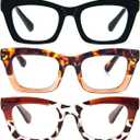 KoKoBin 3 Pack Oprah Style Reading Glasses for Women Blue Light Blocking, Cute Oversized Square Computer Readers Spring Hinge, +2.00