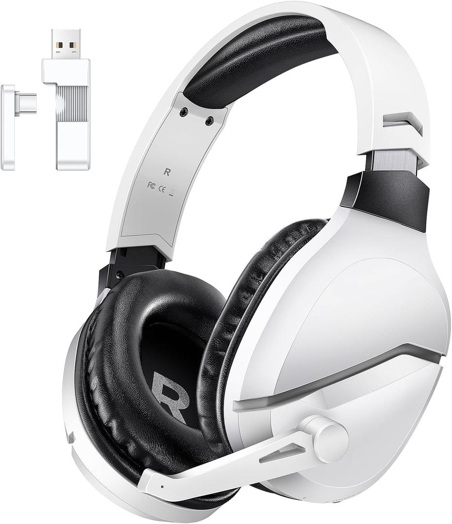 WolfLawS Wireless Gaming Headset with Noise Canceling Microphone for PS5, PC, PS4, 2.4G/Bluetooth Gaming Headphones with USB and Type-c Connector, Wired Mode for Controller Gamecube, White