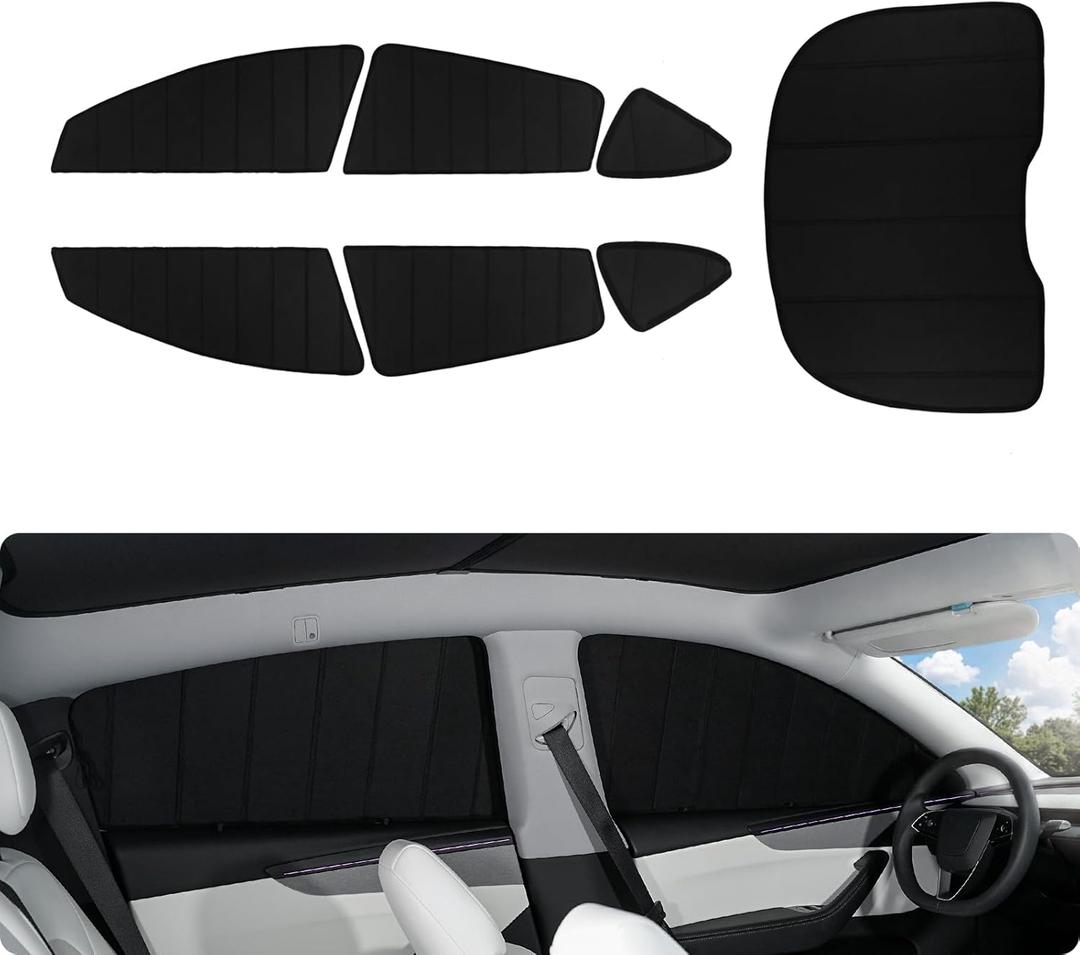 BASENOR [Upgraded Gen2] Tesla Model Y Juniper Side Window Sunshade 2025 2026, 7PCS Full Set Wrinkle-Free Window Covers for Kids, Camping & Privacy Rest, Rear Windshield Reflective UV Protection