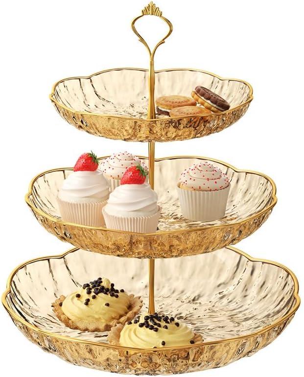 3 Tier Cupcake Stand, Plastic 3 Tiered Serving Stand, Dessert Tower Tray for Party, Birthday, Wedding, Gold