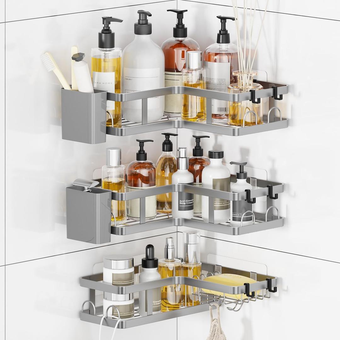 3 Pack Corner Shower Caddy Organizer, Rustproof Corner Shower Shelves, No Drilling Bathroom Corner Shelf with Hooks and Toothpaste Holder