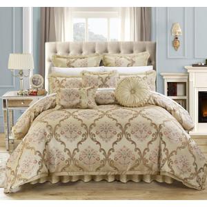 Chic Home Aubrey Queen Size Comforter Set with Bed Skirt, Shams and 3 Decorative Pillows - Jacquard Bed Comforter Queen with Hypoallergenic Fill (Beige)