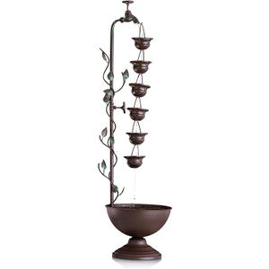Alpine Corporation MAZ254 Outdoor Floor Tiered Vintage Water Fountain w/ 6 Hanging Cups, Soothing Tier Waterfall, 38", Bronze
