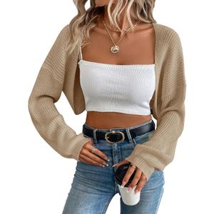 Women's Cardigan Shrugs Long Sleeve Knit Cropped Bolero Shrug Open Front Casual Cardigans for Dresses (Beige, L)