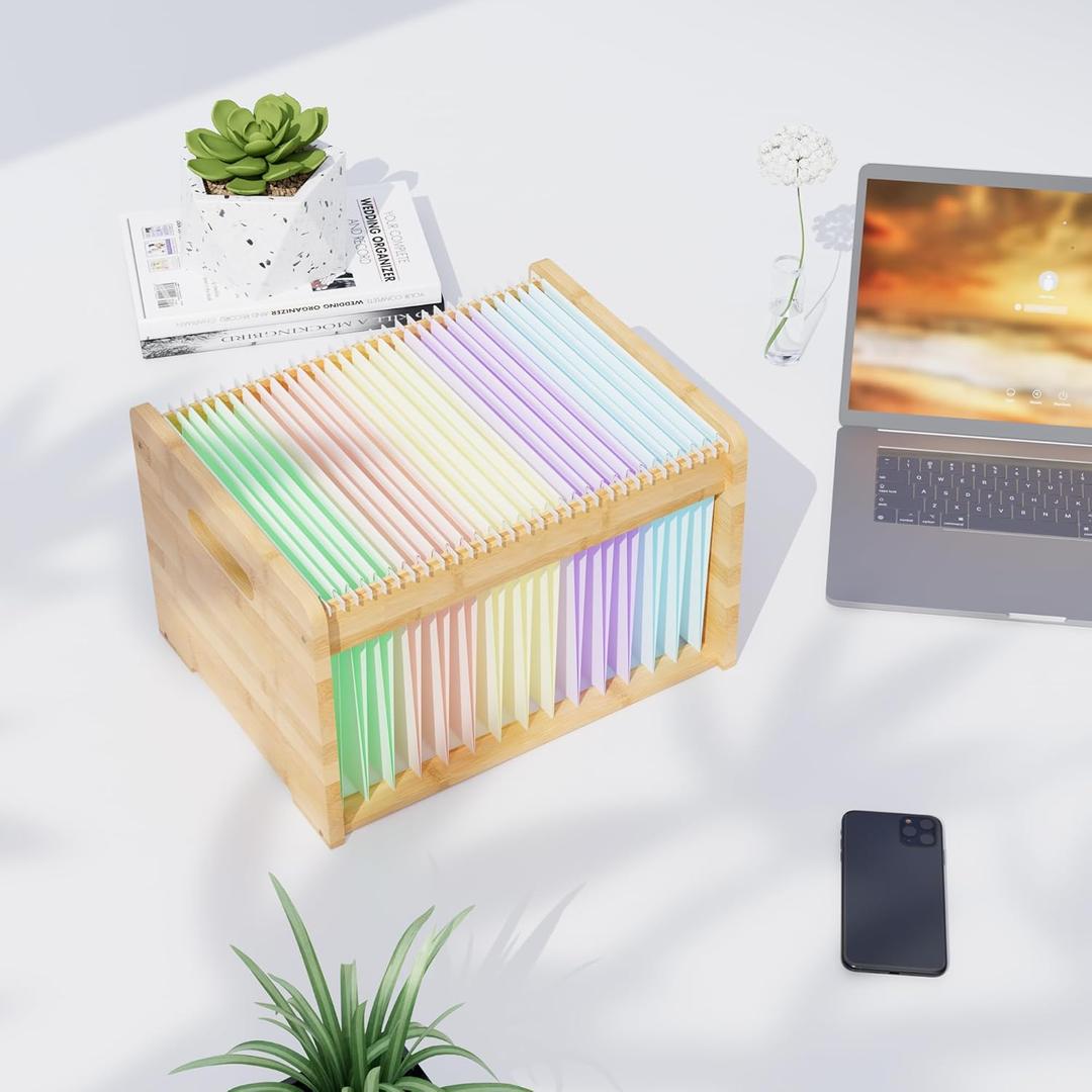 Bamboo Hanging File Organizer, Office Desk File Organizer for Letter Size, Wood Hanging File Folders Organizer Record Holder Storage Stand Bookshelf Easy Assembly, Natural (1 Pack-Classic)