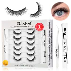 Wispy False Eyelashes Kit With Bond, Seal and Tweezer, 7 Pairs Natural Look Fake Cat Eye Lashes Strips Thin Band Extensions Waterproof Easy Eyelashes for Beginners RQ27