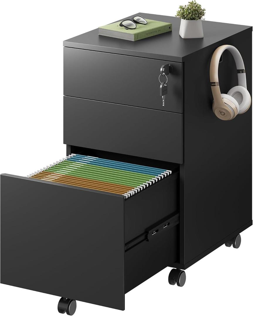 DEVAISE 3 Drawer File Cabinet with Lock, Small Rolling Filing Cabinet Under Desk, Wood Office Drawers Fits Letter/Legal/A4 Size Folders, Black (Black)