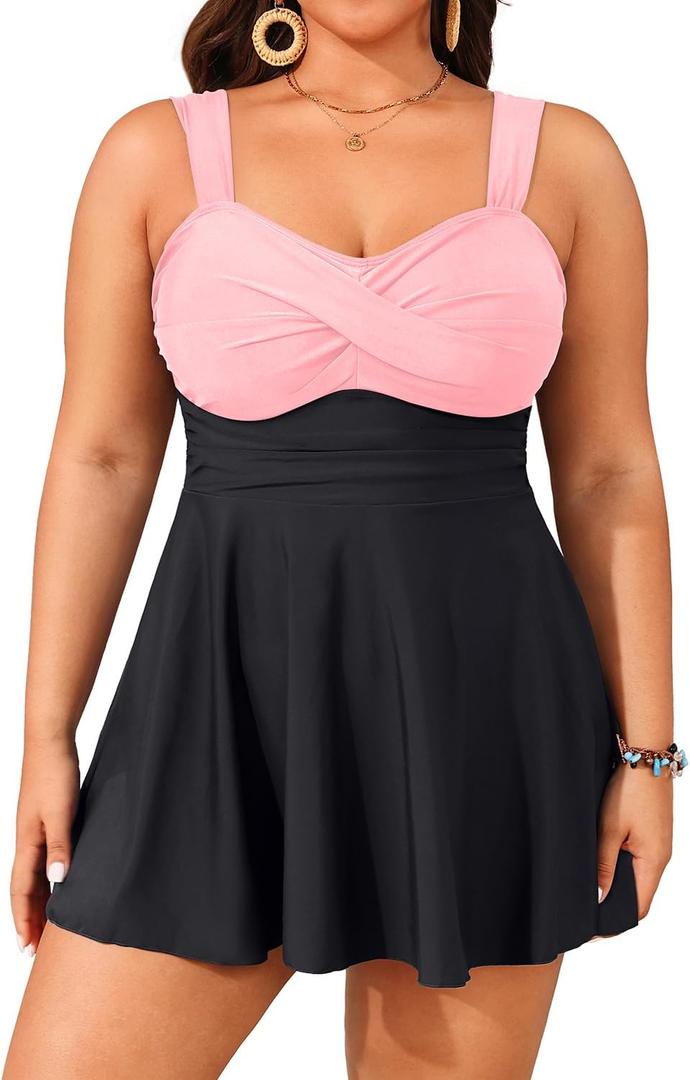 Aqua Eve Plus Size Two Piece Swimsuits for Women Tankini Bathing Suits Flowy Swim Dress with Shorts (Black and Pink)