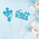 36Pcs God Bless and Cross Cupcake Toppers with Dove Glitter First Communion Baptism Cupcake Picks Decorations for Christian Baptism Theme Boys Girls Birthday Party Supplies Blue
