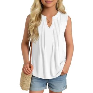 Ficerd Girl's Tank Tops V Neck Sleeveless Summer Shirts Kids Pleated Loose Blouse Dressy Casual Curved Hem Tees 5-14 Years (White)