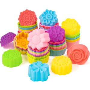 R HORSE Mini Silicone Cupcake Liners Molds - 60Pcs 2 Inch Muti-color Floral Shaped Baking Cups, Non-Stick Cupcake Holders Wrappers Reusable Muffin Cups Liners for Oven Pan Microwave Dishwasher