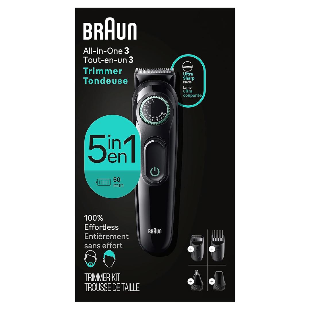 Braun All-In-One Style Kit Series 3 3450, 5-in-1 Trimmer for Men with Beard Trimmer, Ear & Nose Trimmer, Hair Clippers & More, Ultra-Sharp Blade, 40 Length Settings and Washable