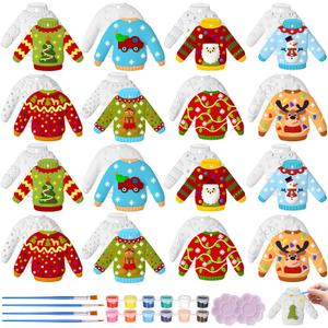 Syhood 24 Pcs Christmas Ugly Sweater Ceramics to Paint Ornaments Crafts Paint Your Own Kit DIY Xmas Ready to Ceramics DIY Figurines Unpainted Arts for Adult Party Gifts