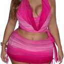 OYOANGLE Women's Plus Size 4 Piece Crochet Swimsuit Triangle Halter String Bikini Set with Cover Up Beachwear,1XL