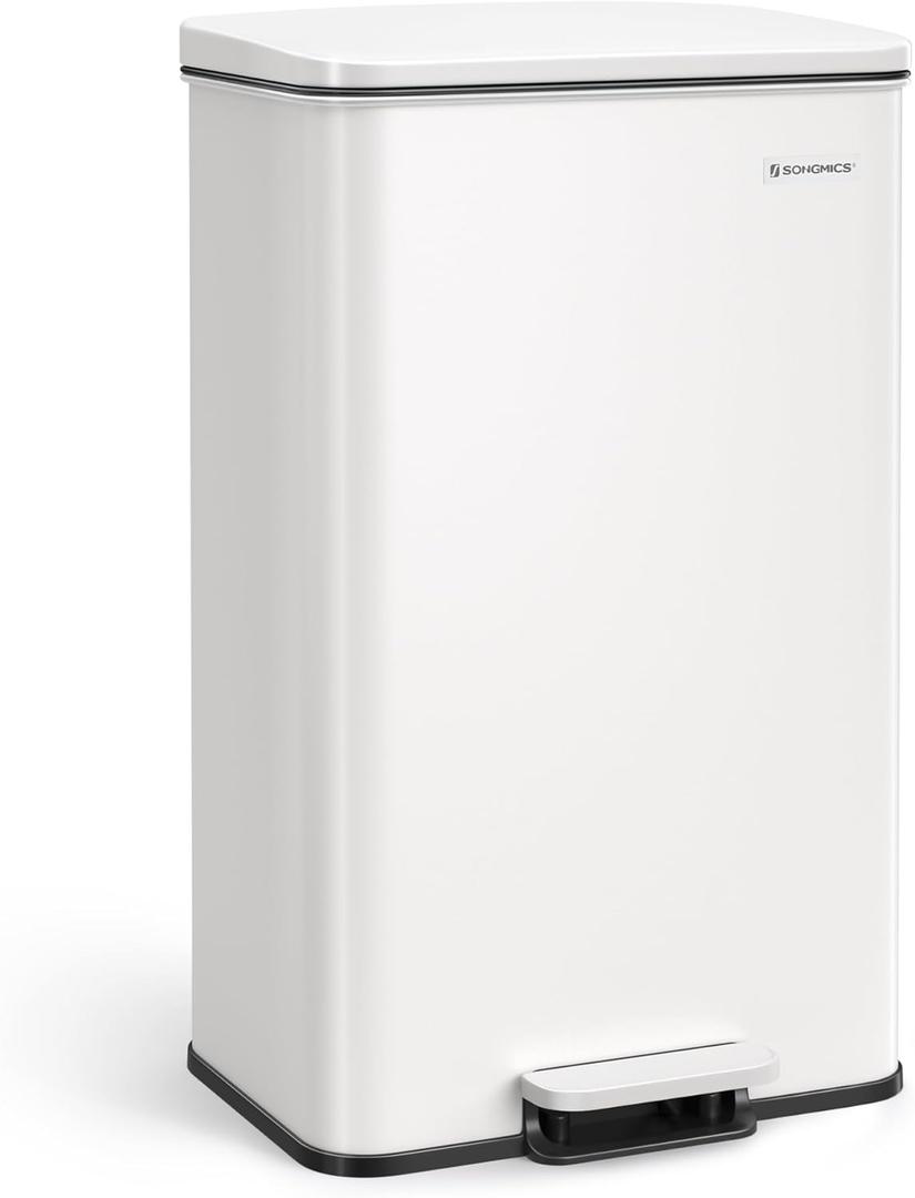 SONGMICS Kitchen Trash Can, 10.5 Gallon (40 L) Garbage Can, Large Step Trash Bin with Lid, Stainless Steel, Soft Close, 15 Trash Bags Included, White ULTB540W40