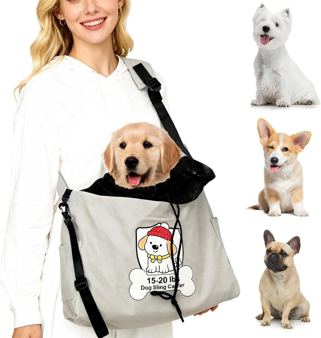 Dog Sling Carrier for 15-20lbs Fits French Bulldog, Westie, Golden Retriever Puppies, Corgi  Hands-Free Outdoor Carrier with Adjustable Oxford Strap, Hard Bottom Panel with Soft Cushion