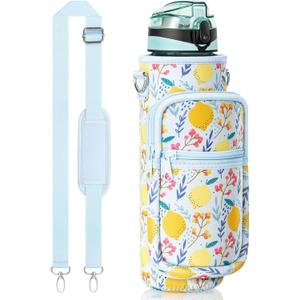 Fimibuke 32 oz Water Bottle with Sleeve - BPA Free Leakproof Sport Large 1L Plastic Motivational Water Bottle with Straw Strap & Insulated Neoprene Holder Carrier Bag Great Xmas Gift for Women Men (Lemon)