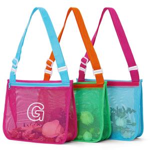 3Pcs Alphabet Printed Seashell Bags, Lightweight & Foldable Kids Beach Toy Mesh Bags with Adjustable Straps, Waterproof and Portable for Pool and Beach Essentials-G