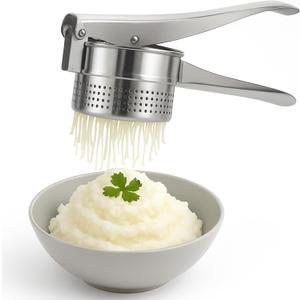 Stainless Steel Potato Ricer and Masher Heavy Duty Manual Press for Smooth Mashed Potatoes, Baby Food, Vegetables, Garlic Ergonomic Non-Slip Handle Kitchen Tool for Cooking Prep