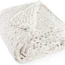 Chunky Knit Throw Blanket 50"X 60", 100% Handmade with Soft Chenille Yarn, 4.4lbs Thick Cable Knitted Blankets, Large Rope Knot Crochet Throws for Couch Sofa Bed Home Decor, Cream White