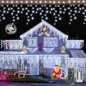 Ollny Icicle Lights 720LED 60FT, Cool White Christmas Lights with Remote 8 Modes Dimmable, Waterproof Connectable Timer Hanging Light for House Outdoor Outside Yard Indoor Decorations