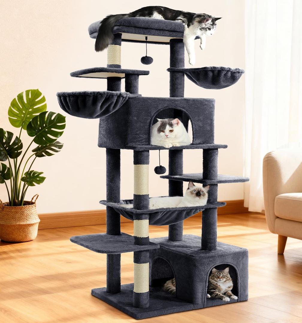 Cat Tree Large Cat Tower Tree 68" Multi-Level Cat Tower for Indoor Cats with Sisal Scratching Posts, Widen Cat Perche, Square Hammock, 2 Widen Condos, Scratching Posts, Grey