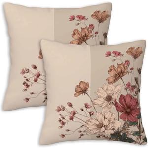 Vintage Floral Throw Pillow Covers 18x18 Set of 2 | Farmhouse Botanical Line Art Decorative Cushion Cases | Classic Neutral Pillowcases for Sofa Living Room Decor