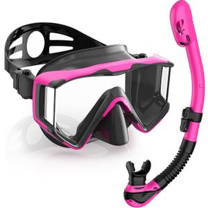 Greatever Snorkel Set Pano 3 Window Snorkel Mask Adult, Panoramic Wide View, Anti-Fog Scuba Diving Mask, Anti-Leak Snorkel Goggles Dry Top Snorkel, Professional Snorkeling Gear for Adults (Black Pink)