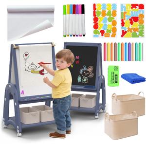 Art Easel for Kids 2-4 with Wheels, Whiteboard, Chalkboard & Paper Roll Adjustable Height 3-in-1 Toddler Easel for 2-4 Year Old Painting Easel for Kids with Storage & Accessories, Blue