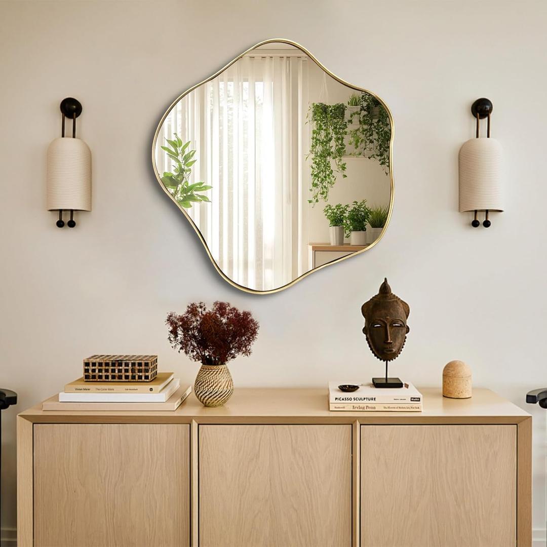 Irregular Shaped Mirror, 20" Gold Asymmetrical Mirror for Wall, Wavy Round Mirrors Decorative, Modern Scalloped Mirrors for Living Room Bathroom Bedroom Hallway Entryway Fireplace