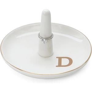 HOME SMILE Initials Ring Holder Jewery Tray with personalized D-Monogrammed Engagement Gifts for Friends,Birthday Mother's Day Christmas Gifts for Women,Ceramic White
