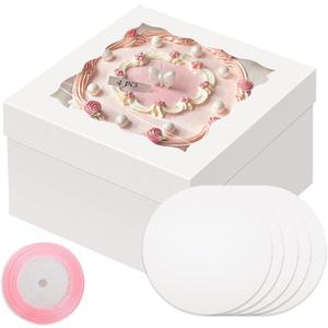 qiqee White 10x10x8 Cake Box, 4 Sets Cake Box with Window 4 Sets 10" Cake Round Boards, 10inch Cake Containers, 10 Meters Pink Silk Ribbon Includes