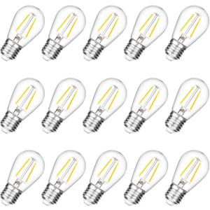 15-Pack S14 2W LED Outdoor String Light Replacement Bulbs, Warm White
E26 Base, 120V, Shatterproof Vintage Edison Bulbs, Equivalent to 11-25 Watt, Patio Backyard Garden Cafe Bistro Deck