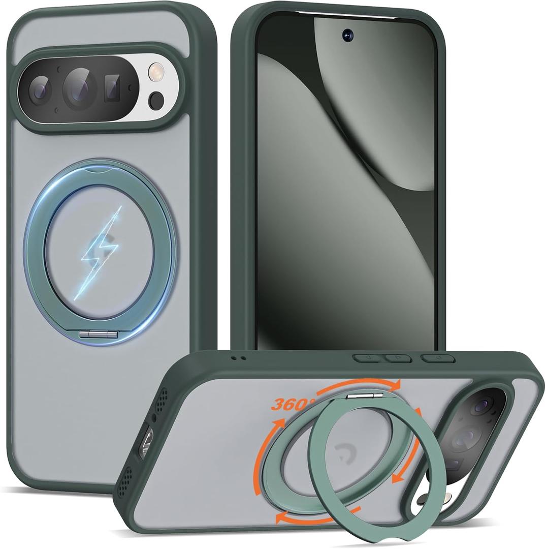 Compatible with Google Pixel 10/Pixel 10 Pro Case with 360 Magnetic Ring Stand [Compatible with Mag-Safe] Shockproof Translucent Phone Case 6.3" for Women Men, Green