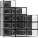 12 Pack XX Large Shoe Organizer Storage Boxes for Closet, Modular Space Saving Shoe Boxes Clear Plastic Stackable Sneaker Containers Display Case with Lids, Dark Black