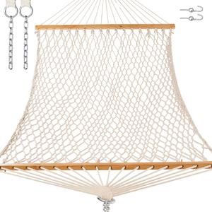 GAFETE Single Rope Hammocks for Outside, Traditional Hand Woven Cotton Hammock with Hardwood Spreader Bar, Max 450 lbs Capacity (Natural Beige, Small)