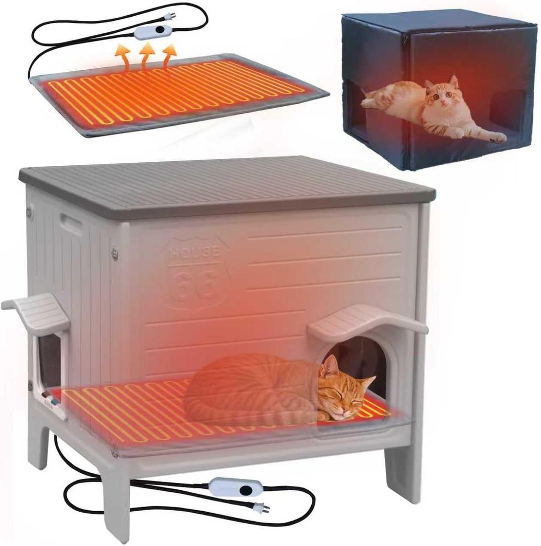 Rockever Heated Cat House for Outside in Winter, 100% Insulated Outdoor Cat House with Insulated Liner & Heating Pad, Elevated Waterproof Cat House for Outdoor Cats with Escape Door(L)