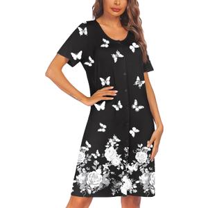 Ekouaer House Dresses for Women Button Down Nightgowns Short Sleeve Pleated Snap Front Mumu Dress Butterfly S