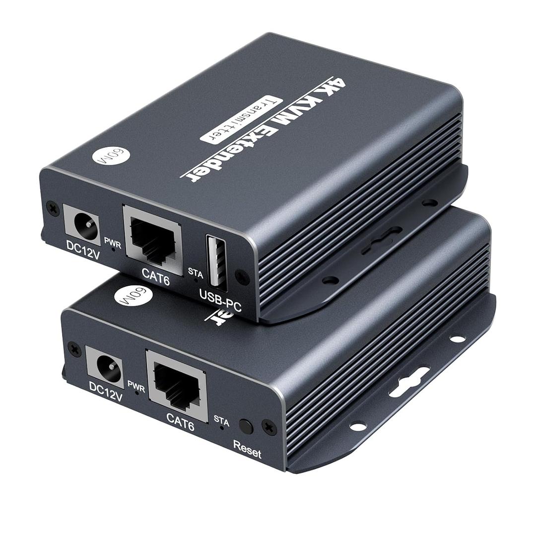 4K HDMI KVM Over Ethernet Extender Balun Over CAT5e/6/7 Cable 4K@60Hz Upto 200 Feet, Supports Keyboard and Mouse USB HDMI Loop Out HDCP2.2, Power Over Cable Zero-Lantency (Black)