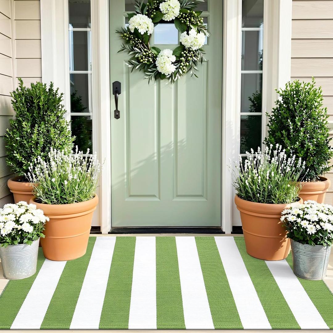 OLANLY Green and White Striped Rug 2' x 4'3" (24" x 51")  Washable Cotton Indoor Outdoor Doormat for Front Door, Entryway, Kitchen, Porch, Patio Decor