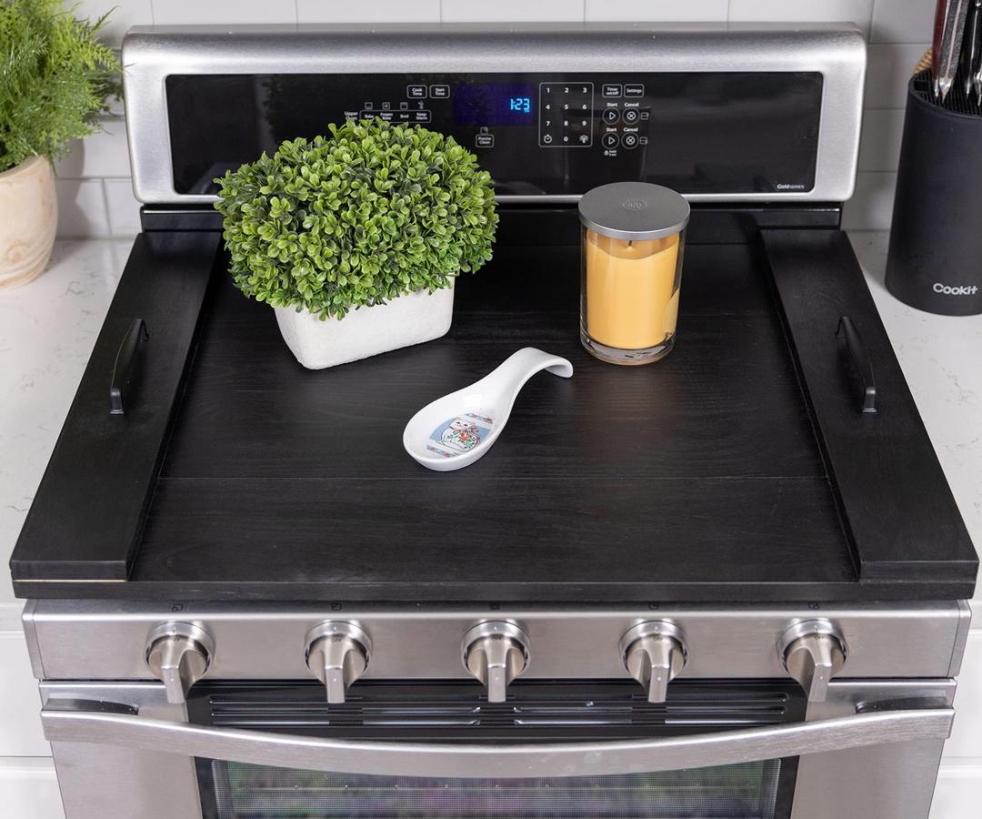 SwallowLiving Wood Noodle Board Stove Cover with Handles, Wooden Stovetop Cover Board for Gas Stove and Electric Stove Top,Kitchen Sink Cover for Counter Space, Cutting Board, Black
