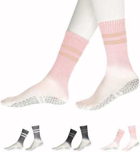 Pack Of 2 YOZHAKOU Pilates Yoga Socks with Grips for Women，Colorful Non Slip Crew Athletic Socks for Pilates,Ballet,Hospital,Gym.