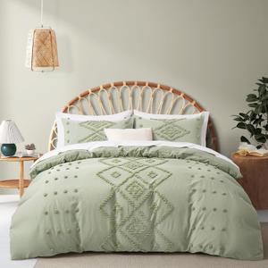 Oli Anderson Tufted Duvet Cover King Size, Soft and Lightweight Duvet Covers Set for All Seasons, 3 Pieces Boho Embroidery Shabby Chic Bedding Set (Mist Sage, King, 104"x90")