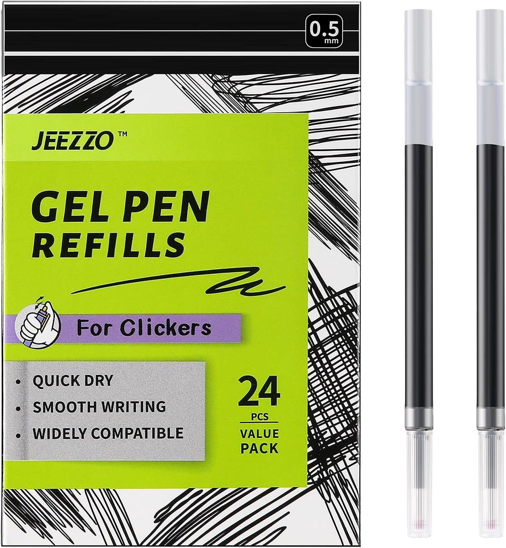 Gel Ink Refills for Retractable Click Pens, Medium Point Pen Refills Compatible with Pilot G2 Pentel Energel Jetstream Sharpie S-Gel Uniball Signo Zebra Sarasa (Black, 0.5mm, 24 pcs)