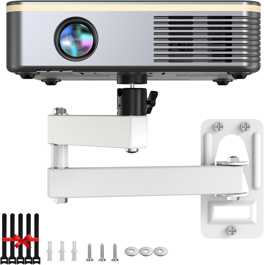 Universal White Porjector Mount Foldable Projector Wall Mount 1/4" Screw, Adjustable Tilt&Swivel Hanging Projector Bracket Holder Wall Mount Hanger Rack Stand for Projector with Cable Ties