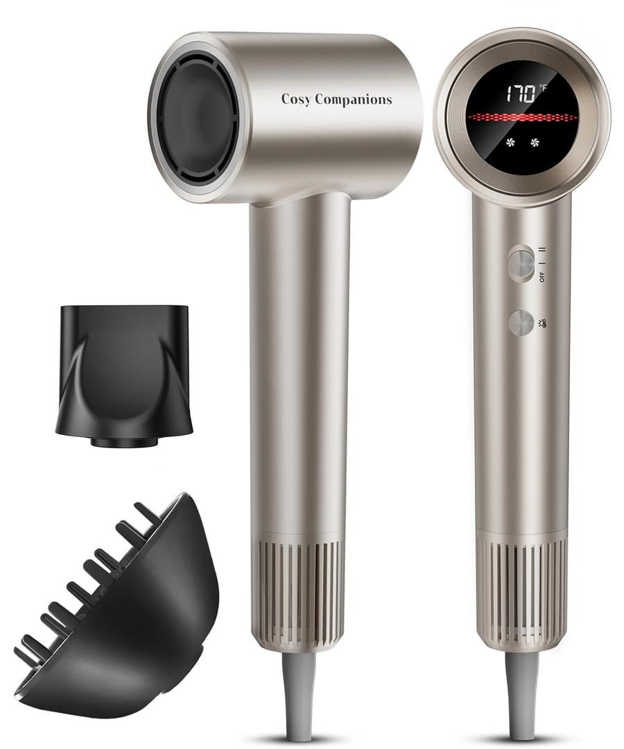 Cosy Companions Hair Dryer, 150000 RPM High-Speed Hairdryer for Fast Drying, Low Noise, HD Display, 5 Temps & 2 Speeds, 500 Million Negative Ionic Blow Dryer, Gold